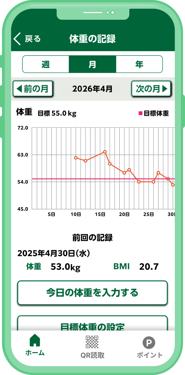 札幌健康アプリ 体重の記録画面
