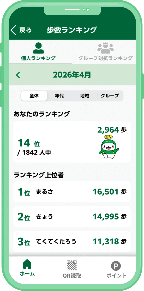 札幌健康アプリ 歩数ランキング画面